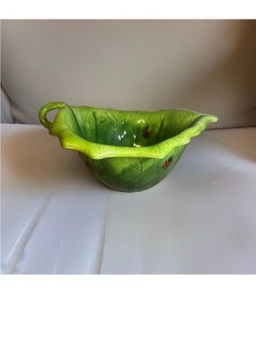 Hand-Painted Green Leaf Ceramic Bowl with Ladybug Motif